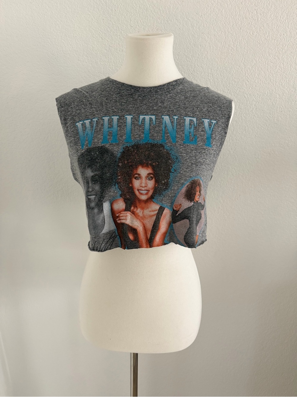 Whitney Houston Graphic Crop Muscle Tee Gray Vintage Style Small